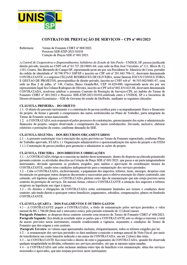 CONTRATO CPS 001/23 - FOCUS CP nº 001/23